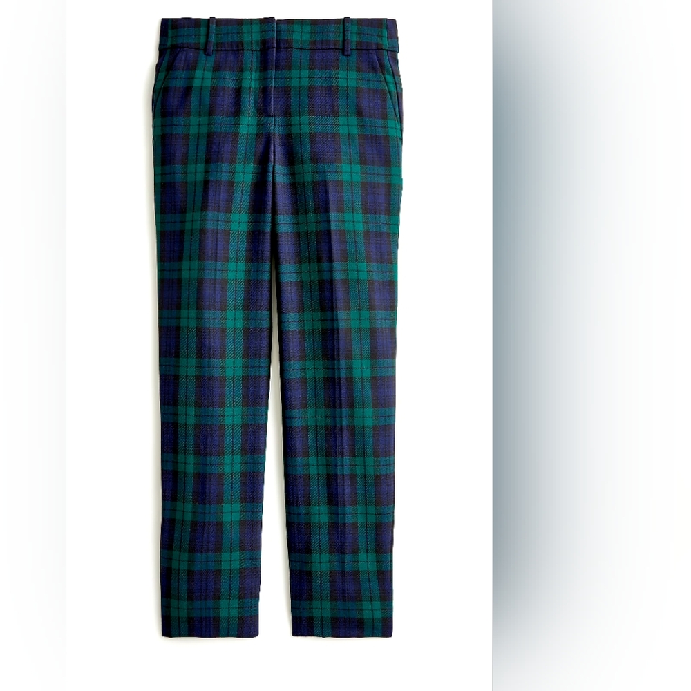 New! J. Crew sz 0 Cameron Slim Crop Black Watch Tartan Navy Wool Pants NWT